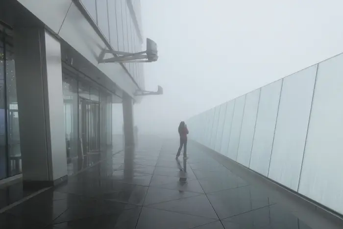 a foggy observation deck